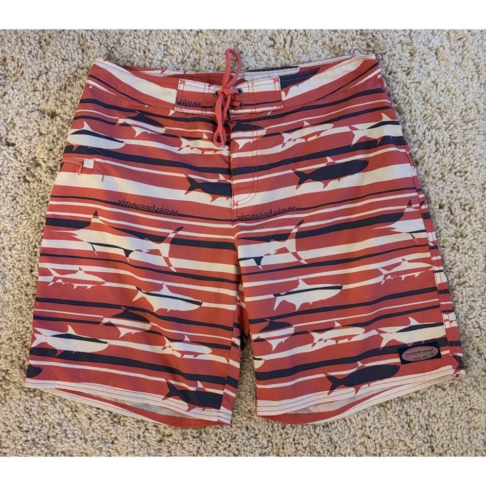 Vineyard Vines Pink Blue Striped Shark Print Swim Shorts Trunks Size 33